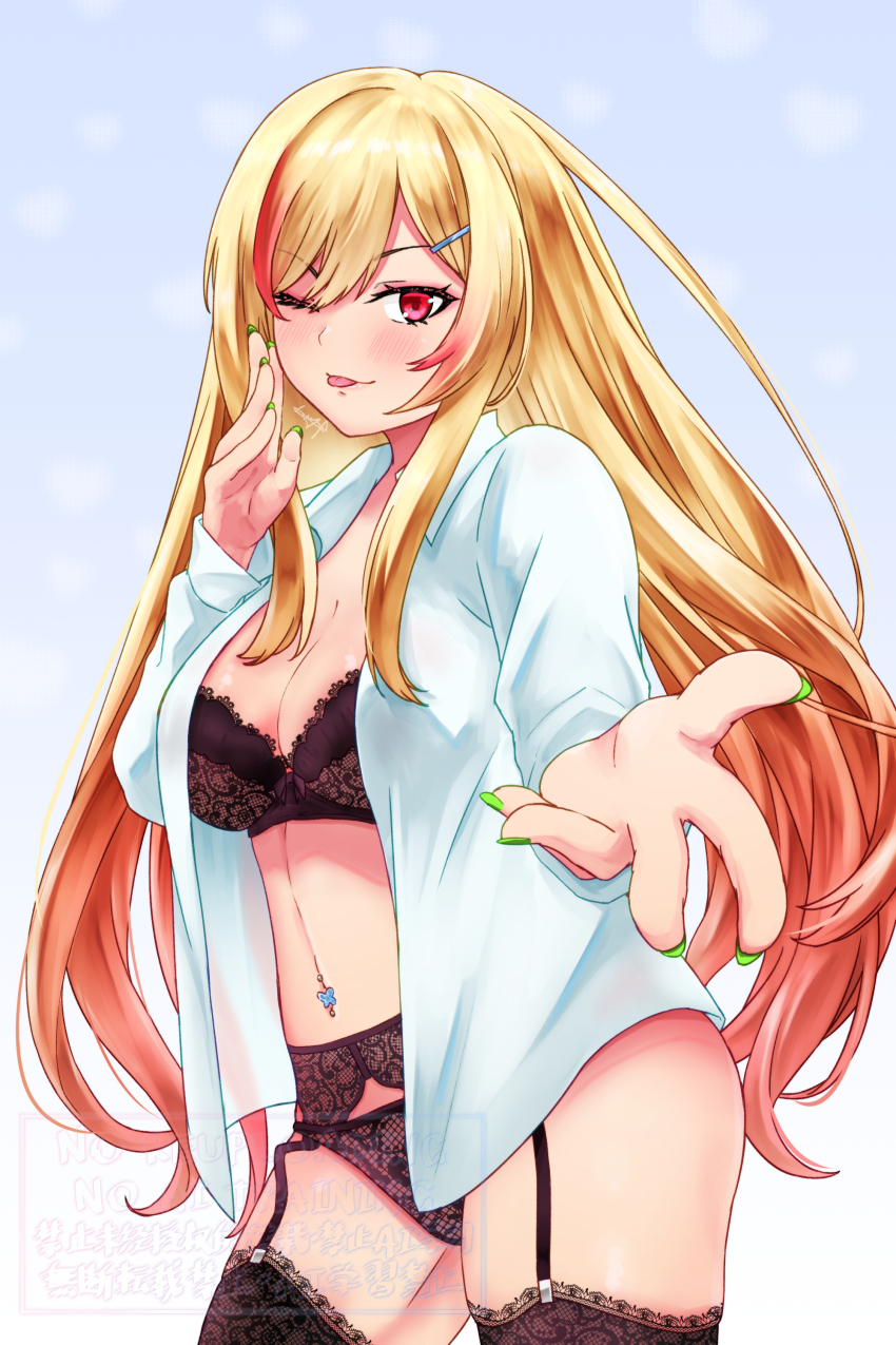 1girl absurdres black_bra black_pantyhose black_thighhighs blonde_hair blush bra breasts cleavage commentary dress_shirt garter_straps gradient_hair green_nails hair_ornament hairclip highres lace lace-trimmed_thighhighs lace_trim large_breasts lingerie long_hair looking_at_viewer multicolored_hair mutsuki_(mutsuki0110) nail_polish navel navel_piercing offering_hand one_eye_closed open_clothes open_mouth open_shirt original pantyhose piercing red_eyes red_hair shirt signature solo stomach streaked_hair thighhighs tongue tongue_out underwear white_shirt