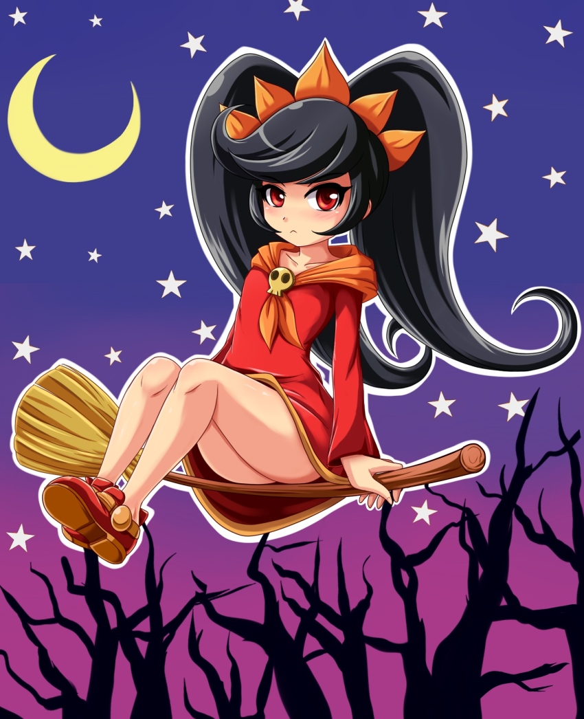 1girl ashley_(warioware) big_hair black_hair blush bottomless broom broom_riding closed_mouth collarbone crescent_moon dress female_focus flat_chest full_body gradient_background hairband halloween highres long_hair long_sleeves moon neckerchief nintendo no_legwear orange_hairband orange_neckerchief outline red_dress red_eyes red_shoes shoes sidesaddle sigurd_hosenfeld skull solo star_(symbol) tree two-tone_background upskirt very_long_hair warioware white_outline