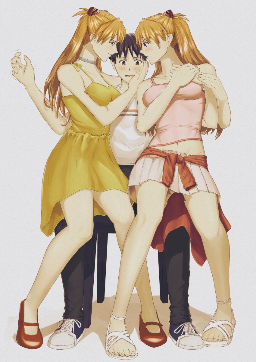 1boy 2girls absurdres alternate_hair_color angry annoyed bare_arms bare_legs bare_shoulders black_pants blue_eyes breasts brown_eyes brown_hair chair choker cleavage clone closed_mouth collared_shirt dress dual_persona embarrassed evangelion:_2.0_you_can_(not)_advance face-to-face full_body gloves grey_choker hair_ornament half-closed_eyes hand_up hay hetero highres hug ikari_shinji illust_aqua interface_headset_(evangelion) jealous long_hair looking_at_another looking_back medium_breasts midriff miniskirt multiple_girls multiple_persona navel neck neon_genesis_evangelion nervous orange_hair pants pink_tank_top pleated_skirt rebuild_of_evangelion shirt short_dress short_hair simple_background sitting sitting_on_person skirt smile souryuu_asuka_langley straight_hair tank_top toes two_side_up white_background white_shirt white_skirt yellow_dress