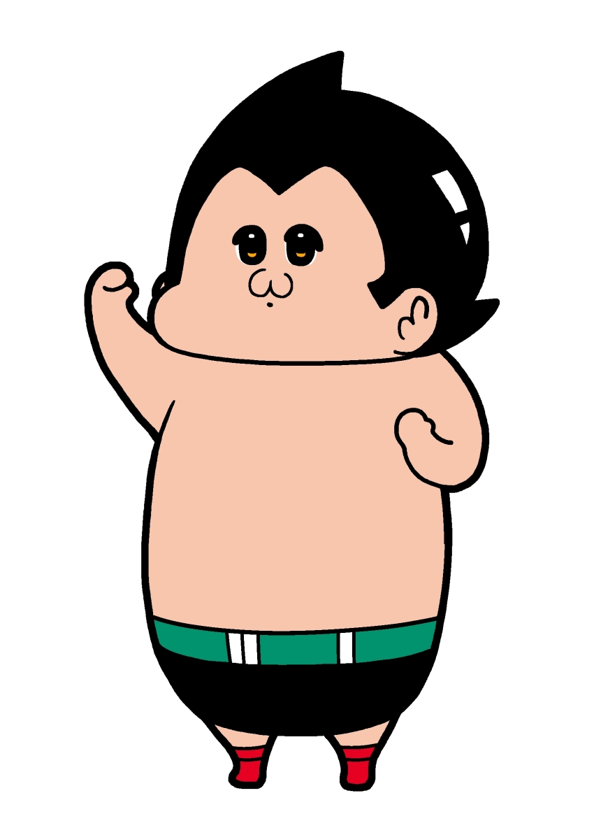 1boy :3 atom_(tetsuwan_atom) clenched_hands fat fat_man full_body gloves highres koutarosu parody smile spiked_hair standing style_parody tetsuwan_atom white_background