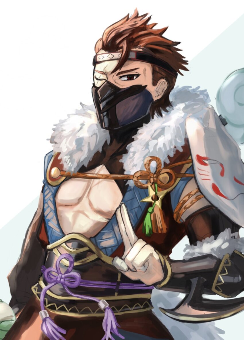 1boy fire_emblem fire_emblem_fates fire_emblem_heroes fox_mask fur_trim highres leon0630claude mask mouth_mask ninja ninja_mask nintendo official_alternate_costume one_eye_closed pectorals red_eyes red_hair saizo_(fire_emblem) saizo_(ninja)_(fire_emblem) scar scar_across_eye scar_on_face solo unworn_mask