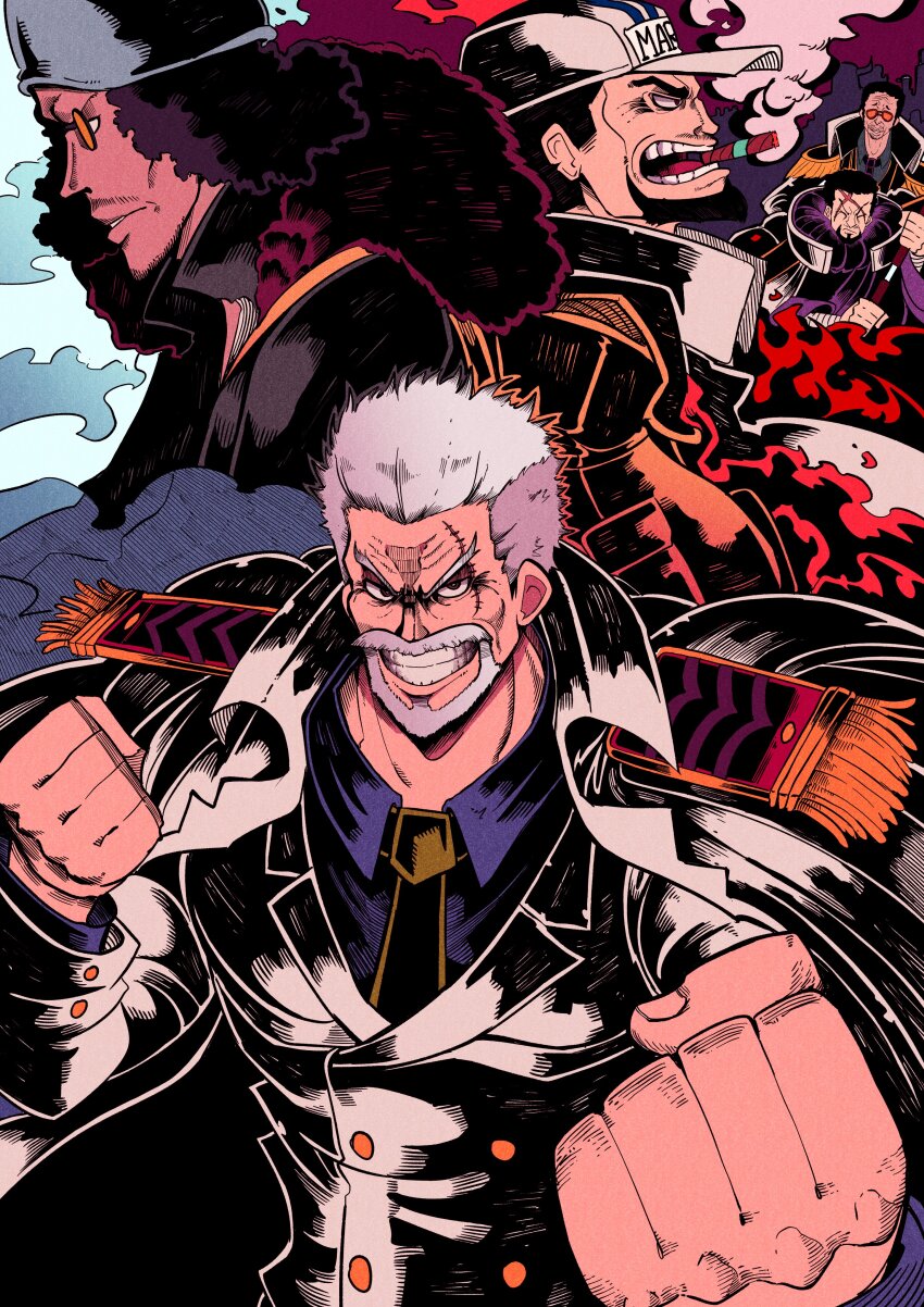 5boys absurdres aokiji_(one_piece) beard black_hair cigar clenched_hands collared_shirt commentary english_commentary epaulettes facial_hair fujitora_(one_piece) hat highres holding holding_sword holding_weapon kizaru_(one_piece) looking_at_viewer male_focus monkey_d._garp multiple_boys necktie one_piece sakazuki_(one_piece) scar scar_on_face shirt short_hair smoke sword vakodraws weapon white_hair
