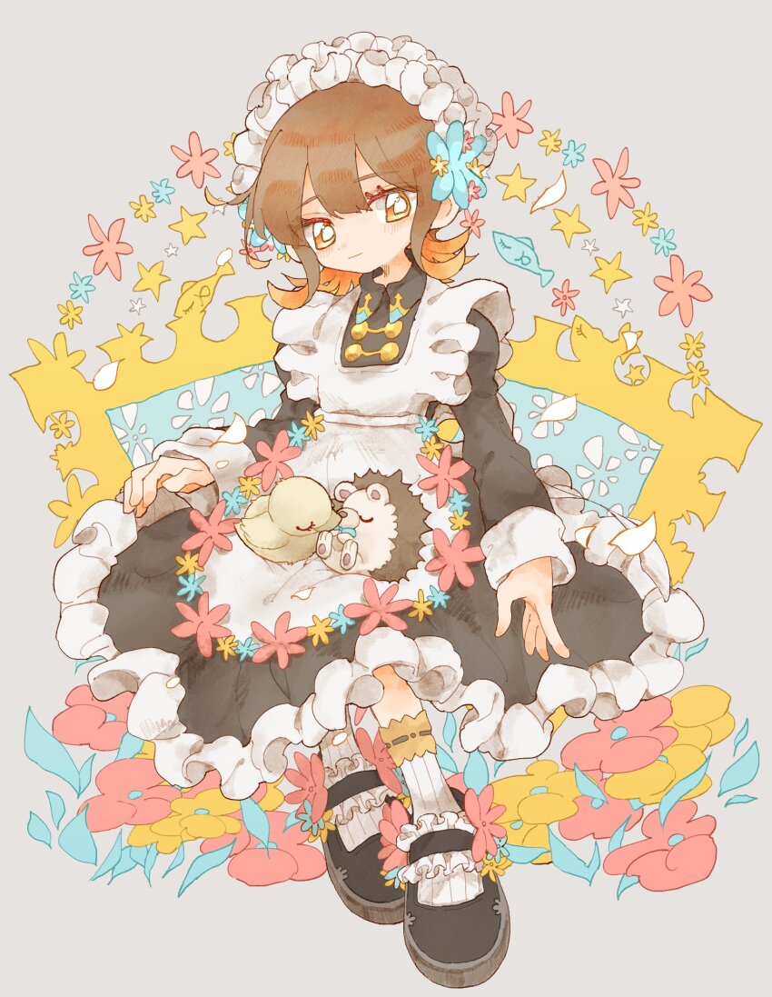 1girl alternate_costume animal animal_on_lap apron black_footwear black_shirt blue_flower brown_hair collared_shirt colored_inner_hair commentary flower grey_background hair_flower hair_ornament hedgehog highres long_sleeves looking_at_viewer maid maid_apron maid_headdress mary_janes multicolored_hair nira-chan nira-chan_(seigi)_(zutomayo) on_lap orange_eyes orange_hair red_flower seigi_(zutomayo) shirt shoes smile socks sodeno000 uniguri_(zutomayo) white_headdress white_socks yellow_flower zutto_mayonaka_de_ii_no_ni