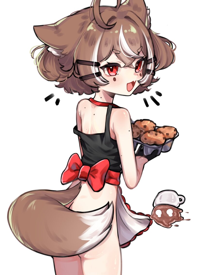 1girl ahoge animal_ears apron black_camisole bottomless bow brown_hair camisole cat_ears cat_girl cat_tail cowboy_shot fang food from_behind highres indie_virtual_youtuber looking_at_viewer mocha-tan mocha-tan_(character) mole mole_under_each_eye mole_under_eye muffin multicolored_hair multiple_moles nearly_naked_apron off_shoulder open_mouth red_bow red_eyes solo strap_slip streaked_hair tail tail_censor two-tone_hair virtual_youtuber white_background white_hair