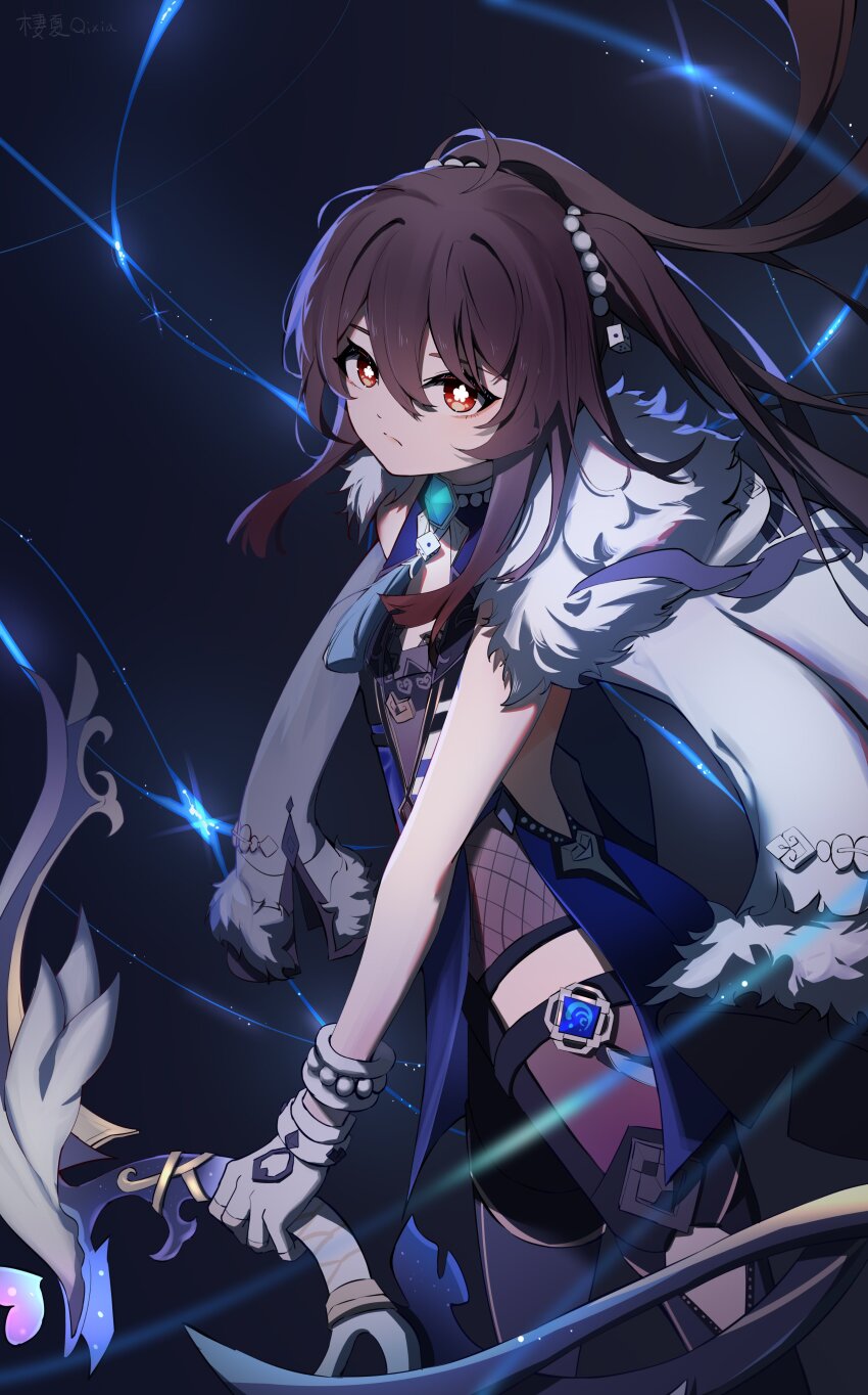 1girl absurdres ahoge blue_background blue_gemstone bodysuit bodysuit_under_clothes bow_(weapon) brown_hair chinese_commentary closed_mouth commentary_request cosplay cube_hair_ornament fishnets flower flower-shaped_pupils fur-trimmed_jacket fur_trim gem genshin_impact gloves gradient_hair hair_between_eyes hair_ornament highres holding holding_bow_(weapon) holding_weapon hu_tao_(genshin_impact) jacket jewelry long_hair long_sleeves looking_at_viewer multicolored_hair necklace no_headwear open_clothes open_jacket pearl_hair_ornament pearl_necklace purple_bodysuit purple_thighhighs qixia red_eyes red_hair sidelocks simple_background solo standing symbol-shaped_pupils tassel thighhighs twintails vision_(genshin_impact) weapon white_gloves white_jacket yelan_(genshin_impact) yelan_(genshin_impact)_(cosplay)