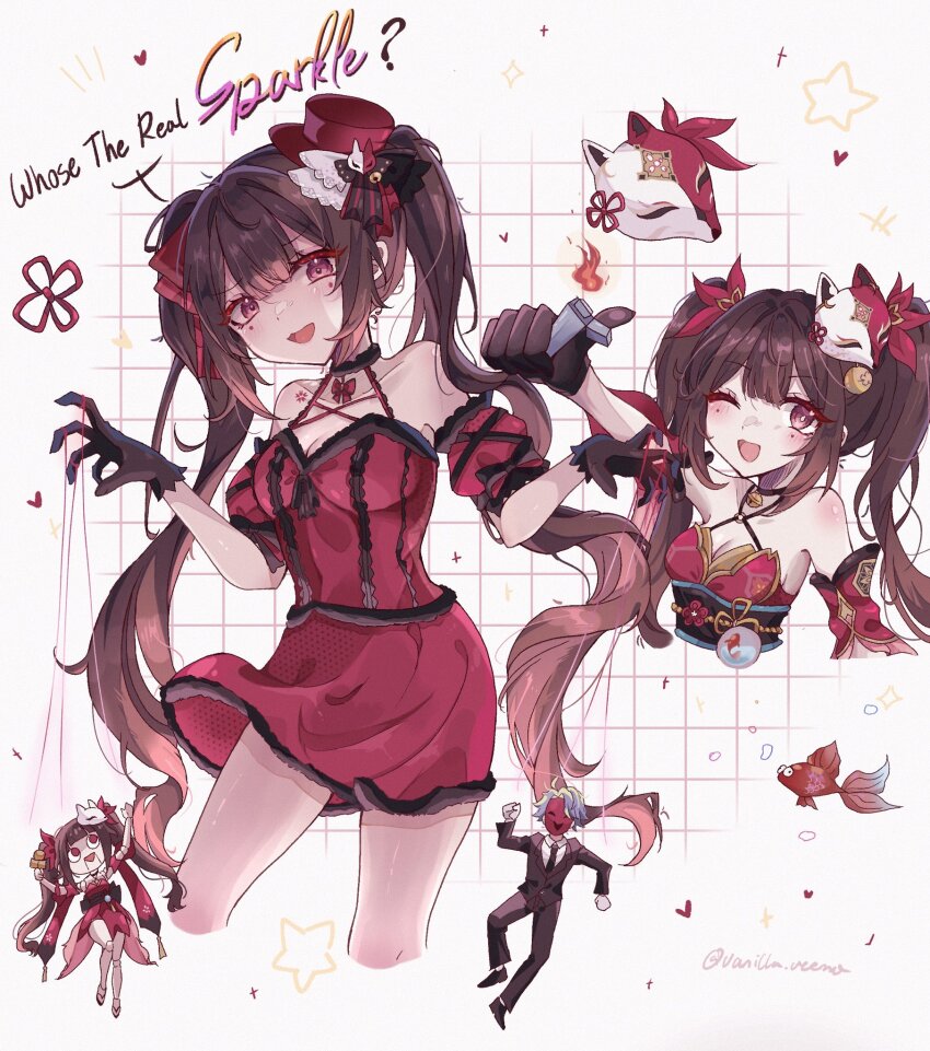 1boy 1girl :d bare_shoulders black_bow black_gloves bow breasts brown_hair chest_tattoo cleavage collarbone detached_sleeves dress fire flower_tattoo fox_mask gloves grid_background hair_bow hair_intakes halter_dress halterneck hat highres holding holding_lighter honkai:_star_rail honkai_(series) lighter long_hair looking_at_viewer marionette mask mask_on_head medium_breasts multiple_views obi one_eye_closed open_mouth pink_eyes puppet puppet_strings raised_eyebrows red_dress red_headwear red_mask red_sleeves sash short_dress short_sleeves simple_background sleeveless sleeveless_dress smile sparkle_(honkai:_star_rail) sparkle_(it&#039;s_showtime)_(honkai:_star_rail) star_(symbol) tattoo top_hat twintails twitter_username vanillashiii very_long_hair white_background