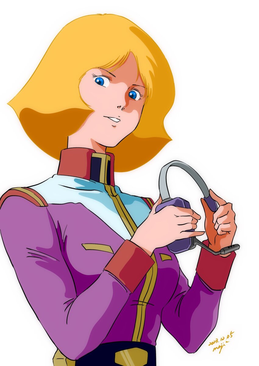 1girl belt blonde_hair blue_eyes breasts gundam headset headset_removed high_collar highres looking_at_viewer military_uniform mobile_suit_gundam pgmajimaji sayla_mass