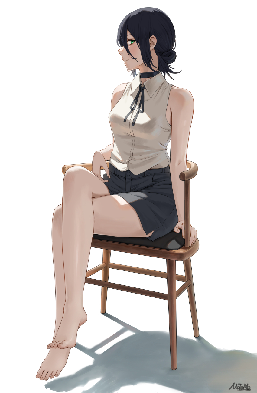 1girl absurdres artist_name barefoot black_hair black_ribbon black_shorts chainsaw_man chair green_eyes hair_between_eyes highres matomo reze_(chainsaw_man) ribbon shadow shirt short_shorts shorts simple_background sitting sleeveless sleeveless_shirt smile solo white_background white_shirt wooden_chair
