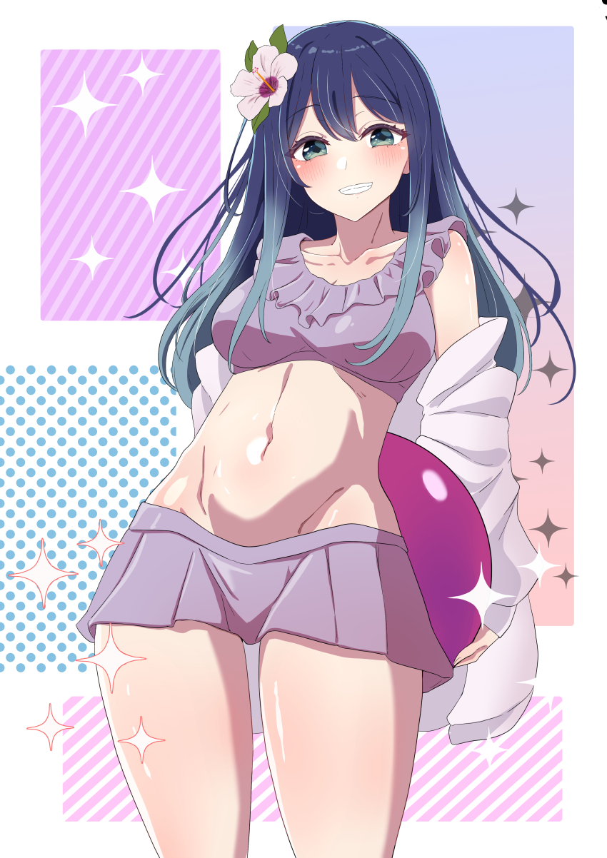 1girl absurdres ball beachball bikini bikini_skirt blue_eyes blue_hair blush breasts cowboy_shot flower frilled_bikini frills hair_flower hair_ornament highres kurokawa_akane long_hair looking_at_viewer open_mouth oshi_no_ko smile solo spvrud3z2 stomach swimsuit teeth