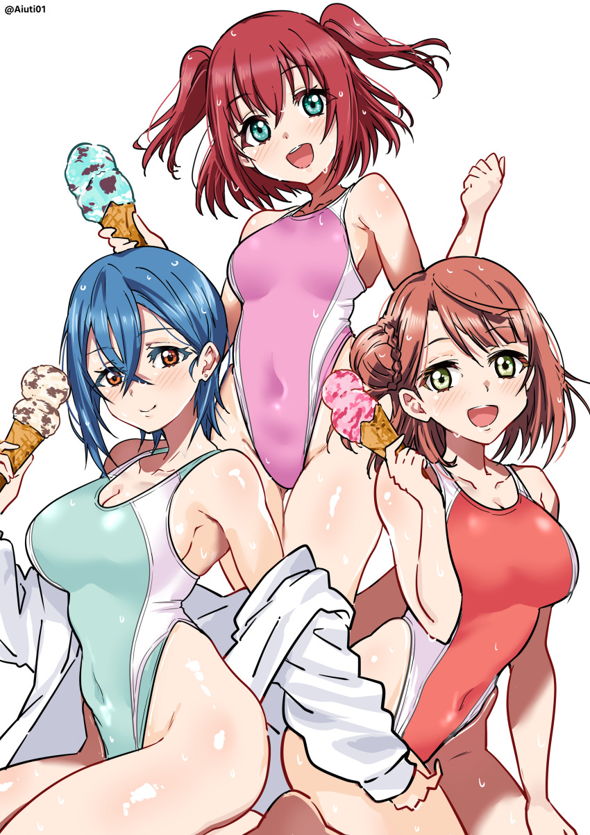 3girls absurdres ai_scream!_(love_live!) aiscream_(love_live!) aiuti aqua_eyes blue_hair blue_one-piece_swimsuit brown_eyes competition_swimsuit covered_navel food green_eyes hair_bun highleg highleg_one-piece_swimsuit highres ice_cream jacket kurosawa_ruby love_live! love_live!_nijigasaki_high_school_idol_club love_live!_sunshine!! love_live!_superstar!! multiple_girls one-piece_swimsuit open_mouth pink_one-piece_swimsuit red_hair red_one-piece_swimsuit round_teeth short_hair simple_background single_hair_bun swimsuit teeth twitter_username two-tone_swimsuit two_side_up uehara_ayumu upper_teeth_only w_arms wakana_shiki white_background white_jacket