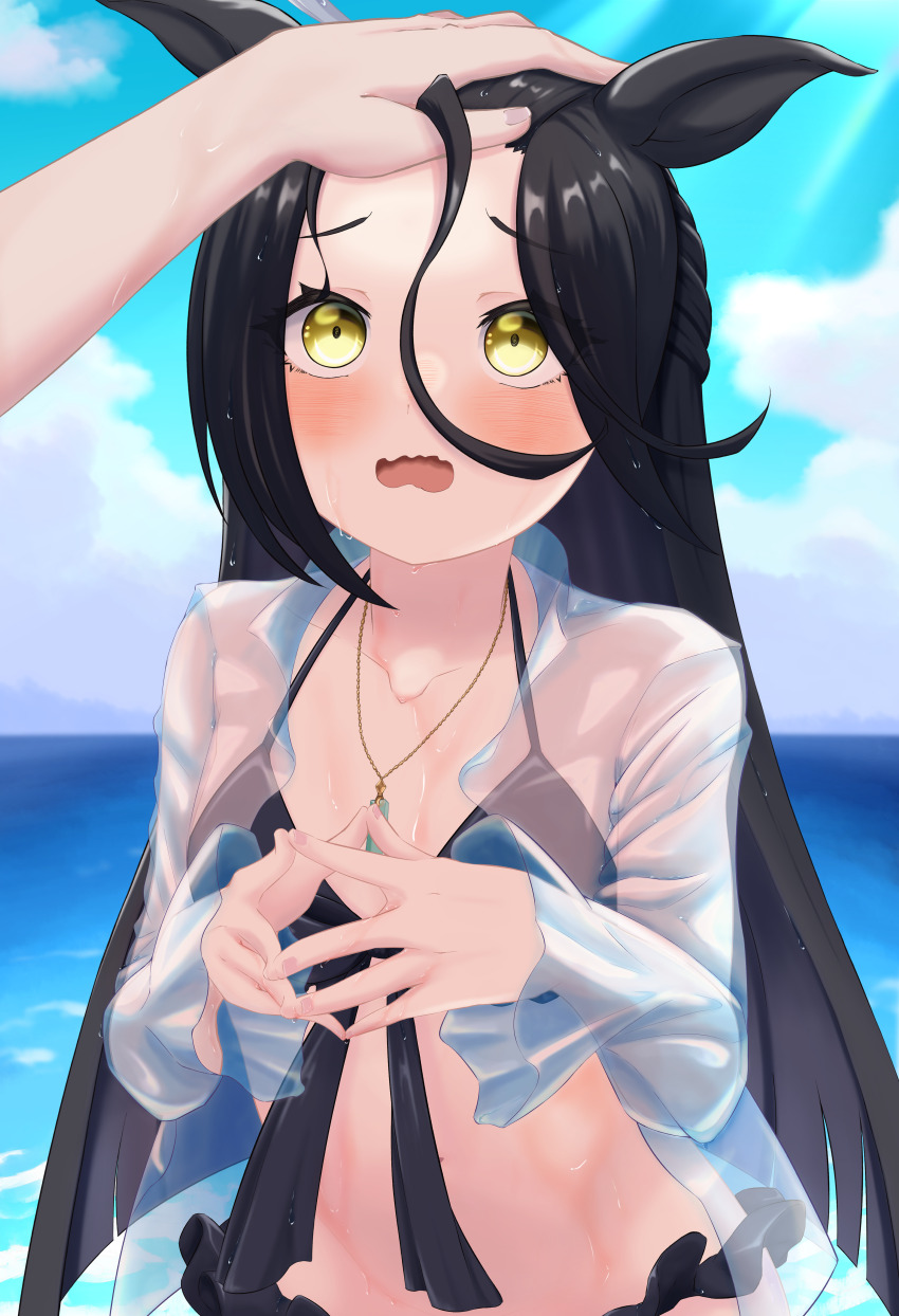 1boy 1girl absurdres ahoge animal_ears beach bikini black_bikini black_hair blue_sky blush breasts cloud day hair_between_eyes headpat highres horse_ears horse_girl jacket jewelry long_hair machina4433 manhattan_cafe_(the_bubbles_that_i_see_with_you)_(umamusume) manhattan_cafe_(umamusume) necklace ocean official_alternate_costume open_mouth outdoors see-through_clothes see-through_jacket sky small_breasts swimsuit umamusume wet yellow_eyes