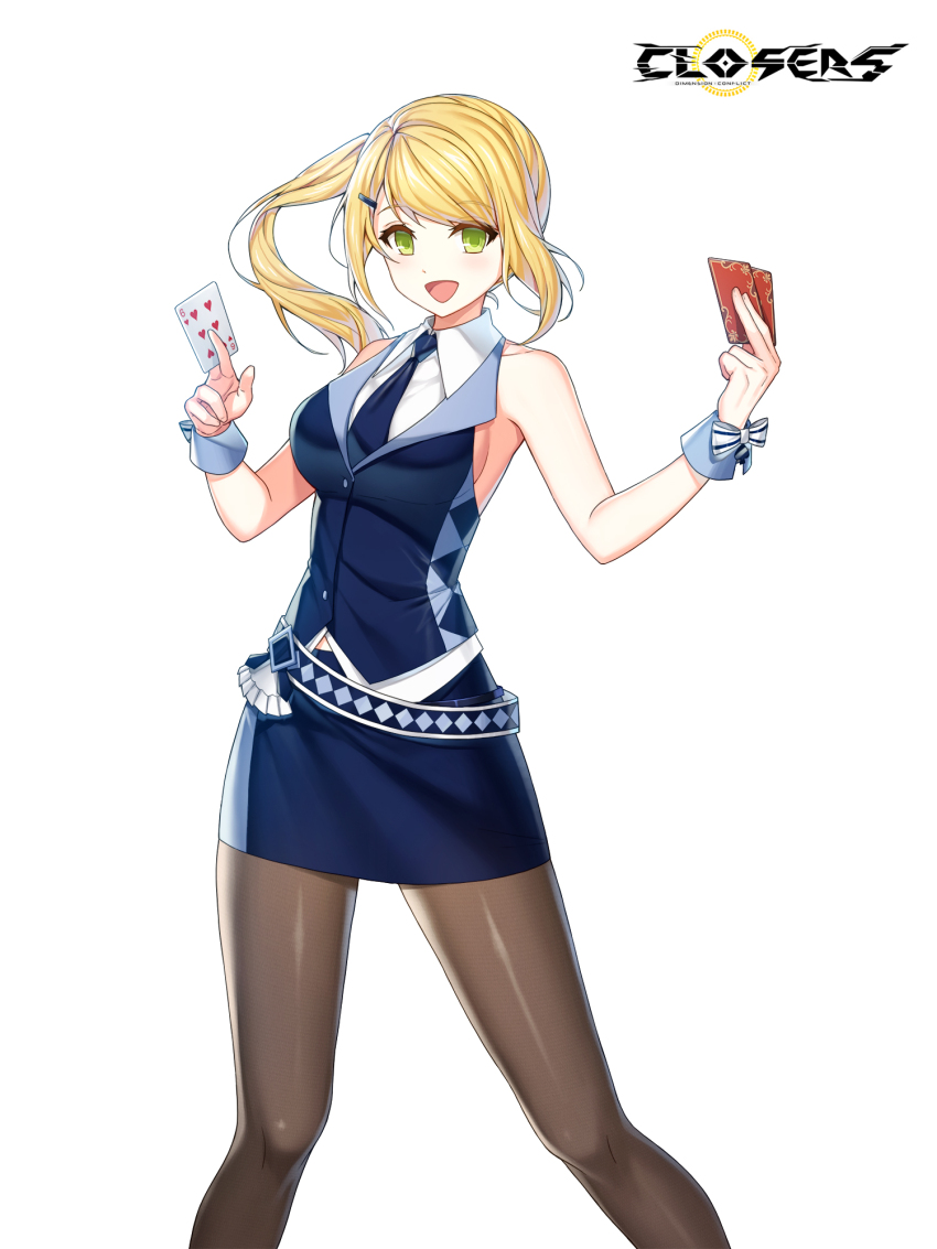 1girl :d alternate_hair_color bare_arms bare_shoulders belt between_fingers blonde_hair blue_belt blue_necktie blue_skirt blue_vest blue_wrist_cuffs bow breasts brown_pantyhose card closers collared_shirt copyright_name croupier dress_shirt feet_out_of_frame floating_hair green_eyes hair_ornament hairclip hands_up highres holding holding_card impossible_clothes impossible_shirt impossible_vest legs_apart logo long_hair looking_at_viewer medium_breasts midriff_peek miniskirt necktie official_art open_mouth pantyhose pencil_skirt playing_card ponytail shirt sideboob sidelocks six_of_hearts skirt sleeveless sleeveless_shirt smile solo soma_(closers) standing swept_bangs vest waistcoat white_background white_bow white_shirt wrist_bow wrist_cuffs