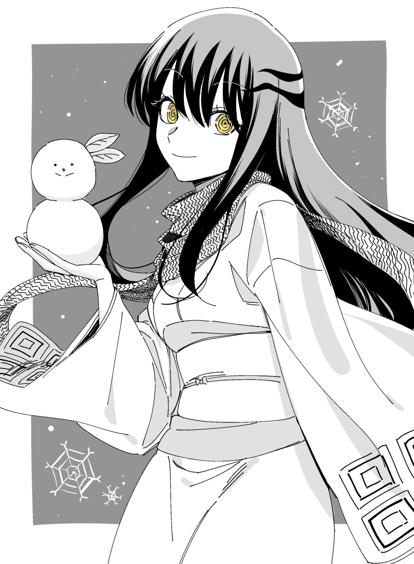1girl absurdres border closed_mouth commentary_request grey_background greyscale hair_between_eyes highres holding holding_snowman japanese_clothes kimono leaf long_hair looking_at_viewer monochrome nurarihyon_no_mago obi oikawa_tsurara outside_border rasupekuto ringed_eyes sash scarf simple_background smile snowflakes snowman solo spot_color white_border wide_sleeves yellow_eyes yuki_onna_(nurarihyon_no_mago)