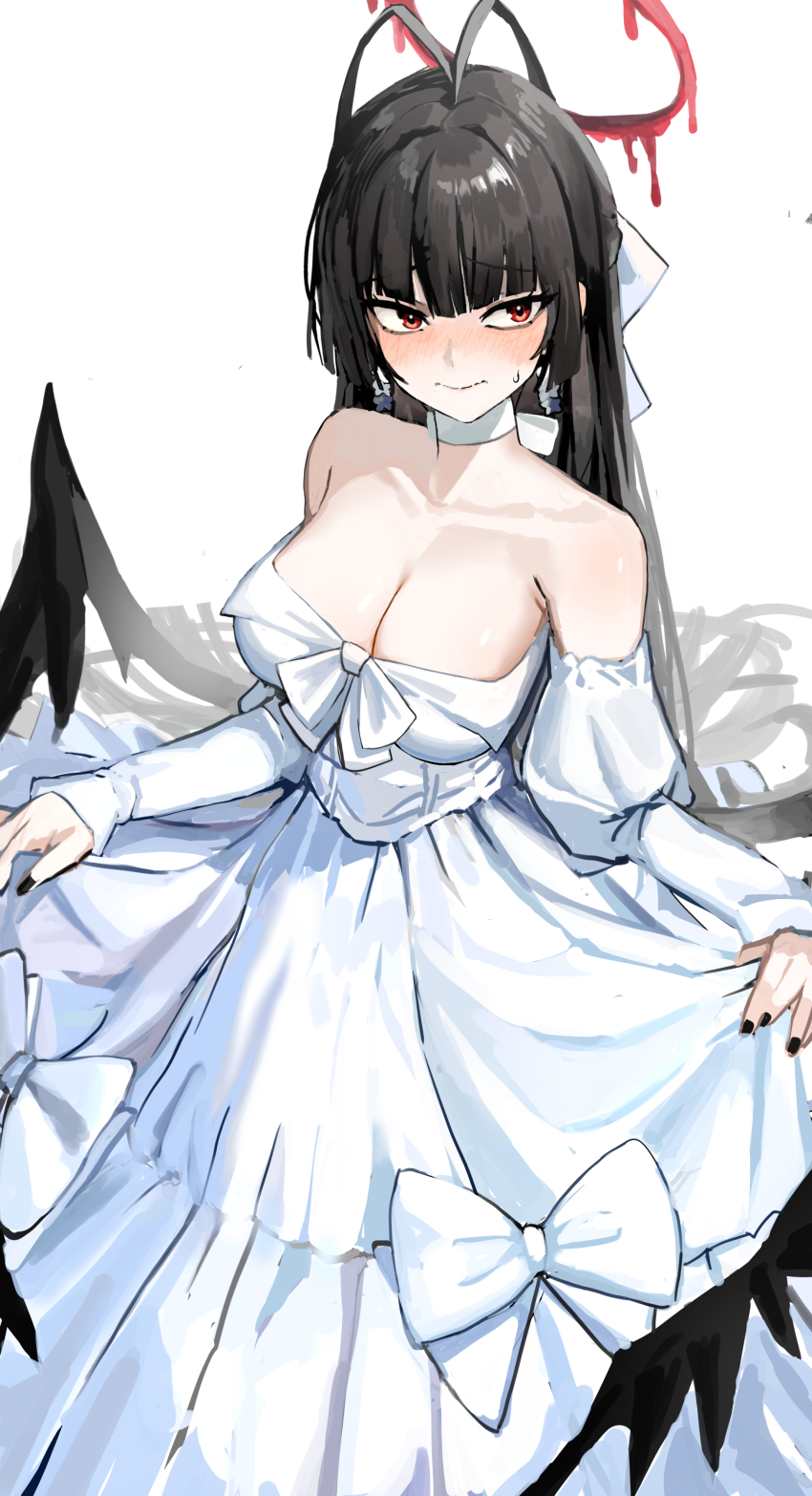 1girl absurdres antenna_hair averting_eyes bare_shoulders black_nails black_wings blue_archive bow choker detached_sleeves dress feathered_wings franz2543 hair_bow highres long_hair looking_to_the_side official_alternate_costume sidelocks skirt_hold solo strapless strapless_dress tsurugi_(blue_archive) tsurugi_(dress)_(blue_archive) white_bow white_choker white_dress wings