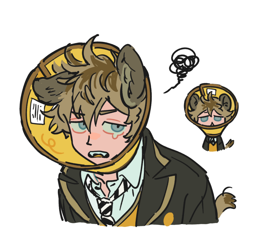 1boy blue_eyes brown_hair chinese_commentary commentary_request fangs guu_(hakahonoo) hyena_boy hyena_ears hyena_tail looking_at_viewer male_focus night_raven_college_uniform pet_cone ruggie_bucchi school_uniform scribble short_hair simple_background teardrop twisted_wonderland upper_body white_background
