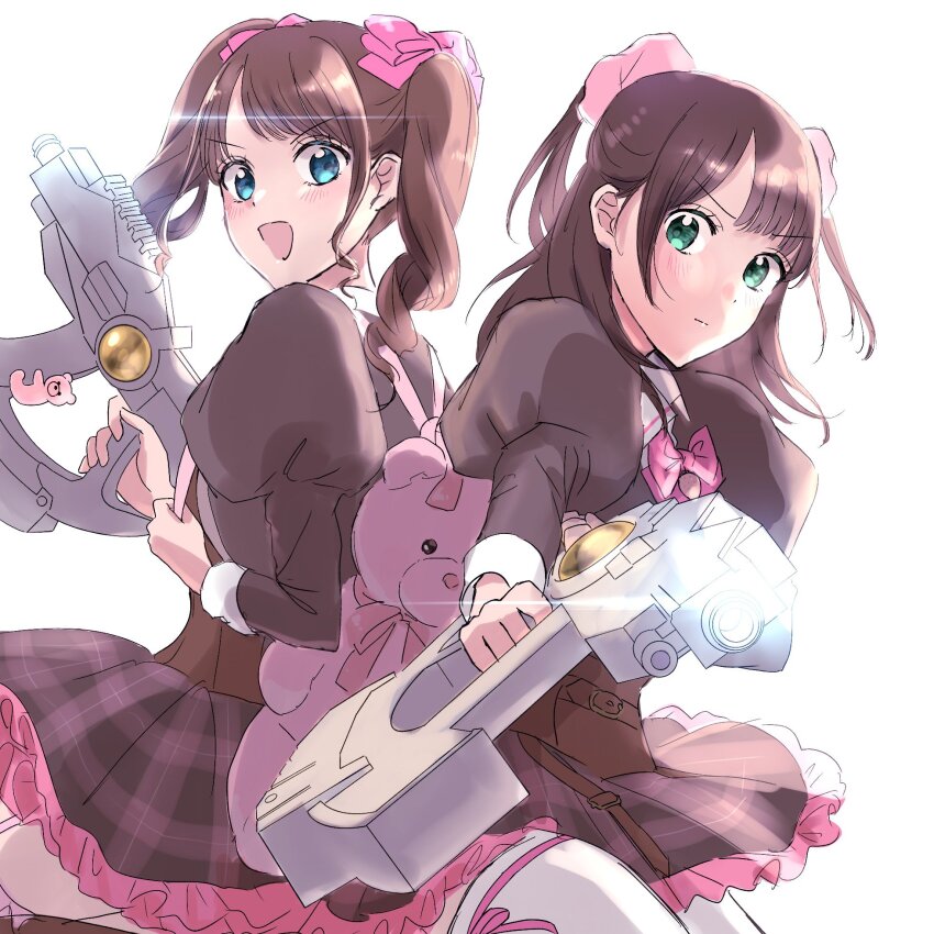 2girls :d aiming aiming_at_viewer animal_bag assault_lily backpack bag bear_bag belt belt_buckle blue_eyes blush bow bowtie brown_belt brown_hair brown_jacket brown_skirt brown_thighhighs buckle charm_(object) closed_mouth commentary_request corset cowboy_shot frilled_skirt frills garter_straps green_eyes gun hair_bow hair_ornament hair_scrunchie hanaoka_angela_moe hands_up highres holding holding_gun holding_strap holding_weapon jacket juliet_sleeves leg_ribbon leg_up long_sleeves looking_at_viewer looking_to_the_side ludvico_private_girls&#039;_academy_school_uniform medium_hair miniskirt multiple_belts multiple_girls narumi_clara_yuuko open_mouth outstretched_arm pink_bow pink_bowtie pink_ribbon pink_scrunchie plaid_clothes plaid_skirt puffy_sleeves ribbon school_uniform scrunchie shakeza simple_background skirt smile standing standing_on_one_leg swept_bangs thigh_ribbon thighhighs twintails two_side_up v-shaped_eyebrows weapon white_background white_thighhighs
