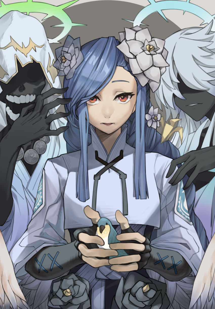 1girl angel_wings animal bird black_dress black_gloves blue_hair blue_halo braid braided_ponytail dizzy_(guilty_gear) dress fingerless_gloves flower gloves green_halo guilty_gear guilty_gear_strive hair_flower hair_ornament halo highres holding holding_animal long_sidelocks looking_at_viewer mature_female necro_(guilty_gear) onionmay open_mouth queen_dizzy red_eyes sidelocks swept_bangs undine_(guilty_gear) upper_body wings
