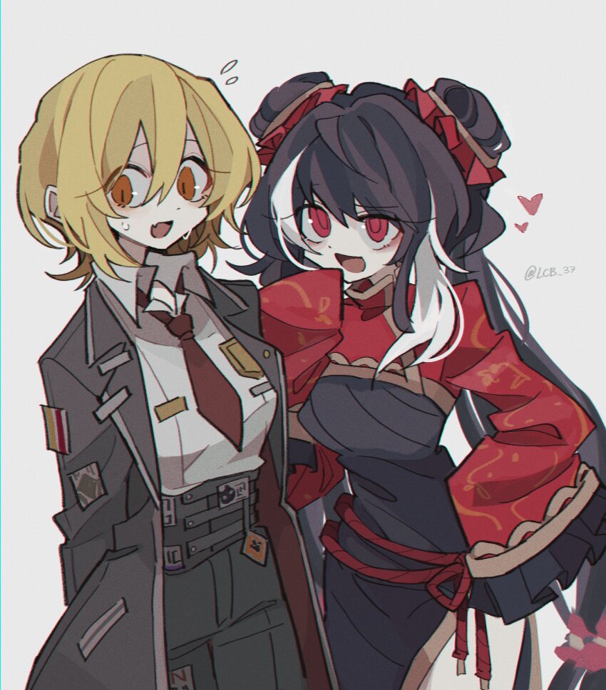 2girls :d black_coat black_dress black_hair black_pants blonde_hair china_dress chinese_clothes coat collared_shirt don_quixote_(project_moon) double_bun dress hair_bun highres jia_xichun_(project_moon) limbus_company long_hair multicolored_hair multiple_girls muu_037 necktie open_clothes open_coat open_mouth pants pelvic_curtain project_moon red_eyes red_necktie red_shrug shirt short_hair simple_background smile sweatdrop twintails white_background white_hair white_shirt yellow_eyes