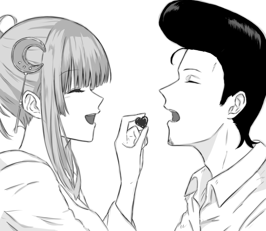 1boy 1girl absurdres black_hair candy chocolate chocolate_heart closed_eyes couple feeding food greyscale heart highres husband_and_wife japanese_clothes kiisu_(sentai_dai_shikkaku) kimono long_hair monochrome moon_(ornament) open_mouth purple_hair runa_(sentai_dai_shikkaku) sentai_daishikkaku shirt simple_background user_prgz4522 white_background white_shirt yukata
