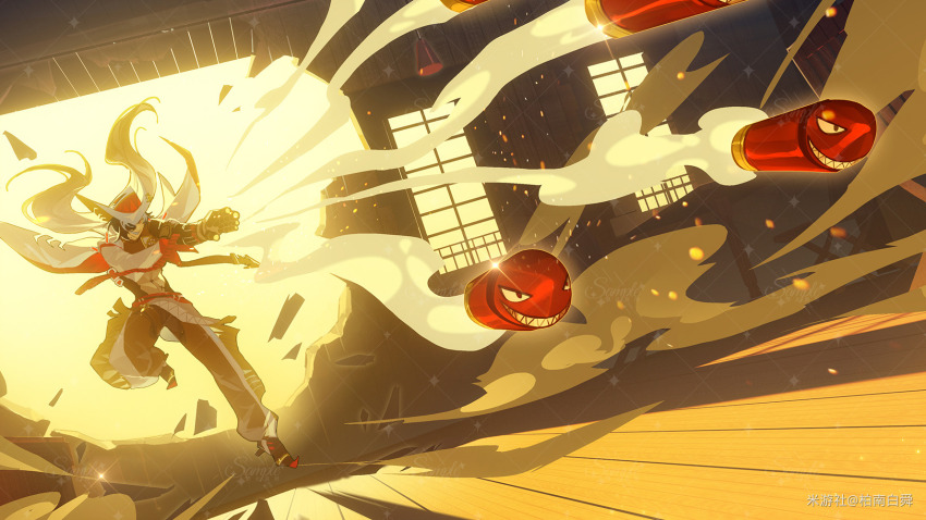 1boy baishun blonde_hair boothill_(honkai:_star_rail) broken_wall cape chinese_commentary commentary_request cowboy cowboy_hat cropped_jacket cyborg full_body hat highres honkai:_star_rail honkai_(series) long_hair male_focus rocket shark_hat solo very_long_hair watermark watermark_grid western wide_shot