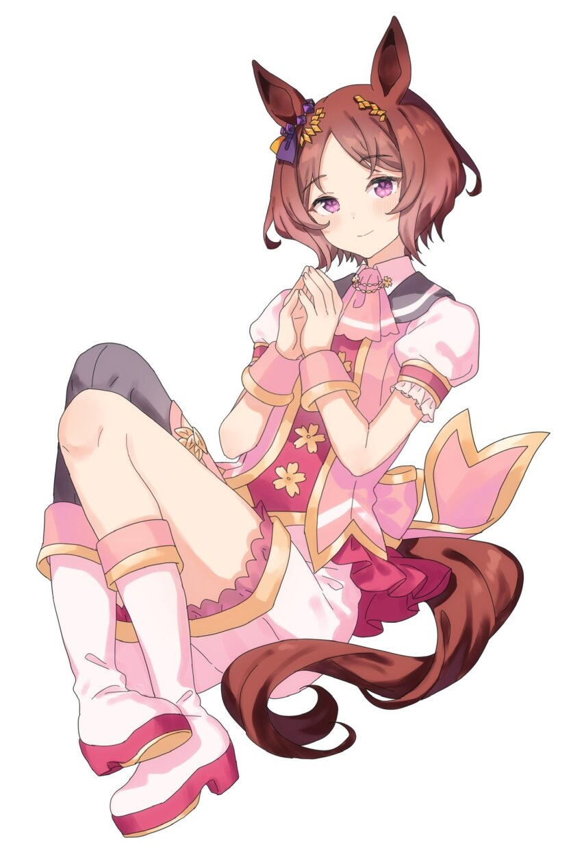 1girl animal_ears black_thighhighs boots brown_hair flower_in_eye full_body highres horse_ears horse_girl horse_tail looking_at_viewer migolu own_hands_together puffy_short_sleeves puffy_sleeves purple_eyes sakura_laurel_(umamusume) short_hair short_sleeves shorts simple_background single_thighhigh sitting smile solo symbol_in_eye tail thighhighs umamusume white_background white_boots