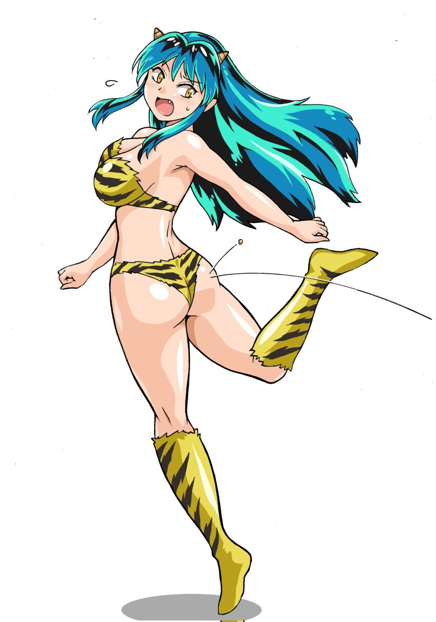 1girl alternate_breast_size animal_print aqua_hair ass bikini breasts cleavage cone_horns fang from_behind highres horns large_breasts lum manabe_jouji multiple_views oni open_mouth pebble print_bikini simple_background standing strapless strapless_bikini swimsuit thrown tiger_print turnaround urusei_yatsura yellow_bikini yellow_eyes
