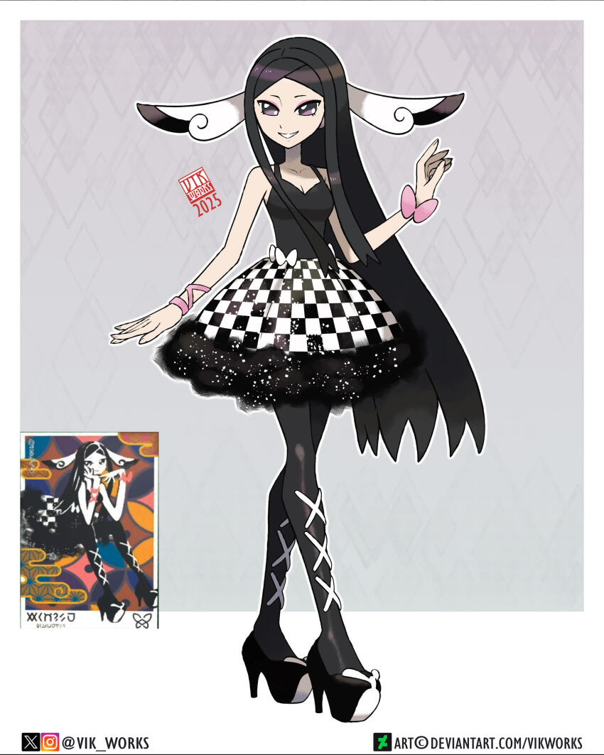 1girl absurdres artist_name black_hair black_pantyhose black_shirt black_shoes black_tank_top border breasts checkered_clothes checkered_skirt cleavage collarbone commentary dated deviantart_logo deviantart_username eyelashes fingernails full_body game_screenshot_inset high_heels highres instagram_logo instagram_username long_hair nintendo official_alternate_costume official_style outline pantyhose parody platform_heels pokemon pokemon_legends:_z-a purple_eyes reference_inset shirt shoes skirt smile solo style_parody tank_top twitter_username twitter_x_logo valerie_(pokemon) vikthor01 watermark web_address white_border white_outline
