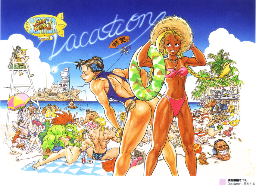 1990s_(style) 6+boys 6+girls aircraft akuma_(street_fighter) anklet armlet ass back balrog_(street_fighter) bandeau barefoot baseball_bat beach beach_umbrella bear_pelt beard bent_over bikini bikini_tan black_male_swimwear black_swim_briefs blanka blanket blindfold blonde_hair blue_bikini blue_headwear bracelet braid brown_hair buried cammy_white camouflage can capcom casual_one-piece_swimsuit chair chun-li cloud club_(weapon) coconut colored_skin crab cross dark_skin day dee_jay dhalsim dirigible double_bun drink drink_can e._honda earrings eliza_masters everyone eyewear_on_head facial_hair feathers feet fei_long final_fight fishing fishing_rod flag flat_chest food fruit green_male_swimwear green_skin green_swim_trunks grin guile hair_bun hat headband headphones highres hot_air_balloon inflatable_raft innertube instrument japan jewelry ken_masters legs lifeguard lipstick log long_hair lounge_chair lying m._bison makeup male_swimwear maracas mexico midriff multicolored_male_swimwear multicolored_swim_trunks multicolored_swimsuit multiple_boys multiple_girls muscular nail nail_(hardware) nail_bat native_american navel necklace nishimura_kinu on_back on_stomach one-piece_swimsuit outdoors palm_tree parachute peaked_cap pelt pink_bikini pink_hair poison_(final_fight) ponytail print_male_swimwear print_swim_briefs print_swim_trunks print_swimsuit raft red_hair red_male_swimwear red_swim_trunks retro_artstyle roxy_(final_fight) ryu_(street_fighter) sagat sandals scan shark shop short_hair shorts side-tie_bikini_bottom sitting sky skywriting smile soda_can squatting standing strapless straw_hat street_fighter street_fighter_i street_fighter_ii_(series) striped_male_swimwear striped_swim_briefs striped_swim_trunks suikawari sunglasses swim_briefs swim_ring swim_trunks swimsuit tan tanline thong_bikini thunder_hawk top_hat tree tube_top twin_braids umbrella vega_(street_fighter) vertical-striped_male_swimwear water watermelon white_male_swimwear white_swim_trunks zangief