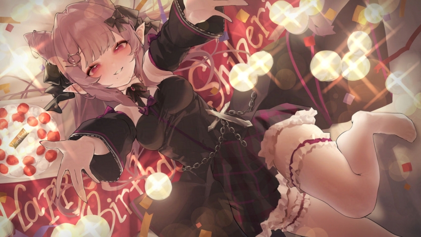 1girl animal_ears arm_up bare_shoulders birthday_cake black_bow black_dress blush bow breasts cake candle chain chain_belt commentary_request commission cross detached_sleeves dress food frilled_thigh_strap frills hair_bow hair_ornament happy_birthday highres indie_virtual_youtuber long_sleeves looking_at_viewer lying medium_breasts medium_hair metatarou nail_polish no_shoes on_back open_mouth pantyhose purple_bow red_eyes skeb_commission sleeveless sleeveless_dress solo thigh_strap virtual_youtuber white_pantyhose