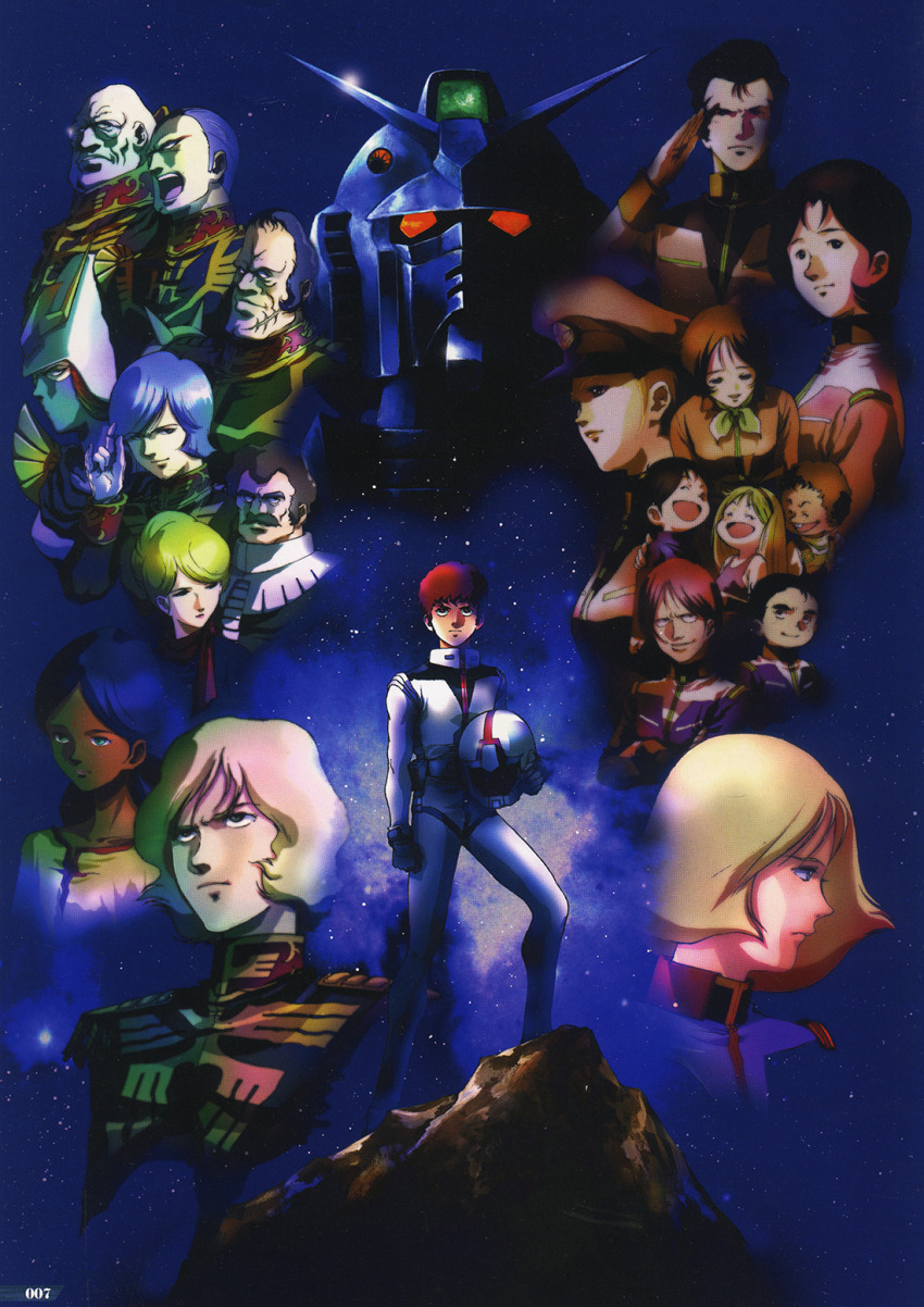 1980s_(style) 1990s_(style) amuro_ray angry bald blonde_hair bright_noa brown_hair char_aznable crowley_hamon dark_skin degwin_sodo_zabi dozle_zabi earth_federation facial_hair fraw_bow garma_zabi gihren_zabi glasses gundam hat hayato_kobayashi helmet highres holding holding_helmet kai_shiden katz_howan kikka_kitamoto kycilia_zabi lalah_sune letz_cofan looking_at_viewer manly mask matilda_ajan mecha mikimoto_haruhiko military_uniform mirai_yashima mobile_suit mobile_suit_gundam mouth_mask mustache nebula oldschool pilot_suit promotional_art ramba_ral red_hair retro_artstyle robot rx-78-2_gundam salute sayla_mass scan science_fiction serious shouting sideburns spacesuit star_(symbol) star_symbol_background traditional_media v-fin zeon
