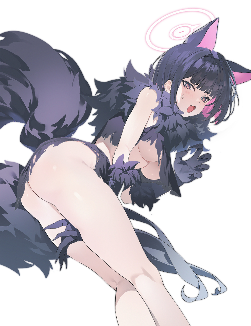 1girl absurdres animal_ears ass black_gloves black_hair blue_archive blush breasts cat_ears cat_girl claws commentary_request crop_top extra_ears fang fur-trimmed_gloves fur_trim gloves halloween_costume halo highres kazusa_(blue_archive) kazusa_(halloween)_(blue_archive) kneepits large_breasts looking_at_viewer lushi_jin_up microskirt official_alternate_costume open_mouth pink_eyes pink_hair pink_halo short_hair simple_background skirt slit_pupils solo tail thighs torn_clothes torn_skirt underboob werewolf_costume white_background wolf_tail
