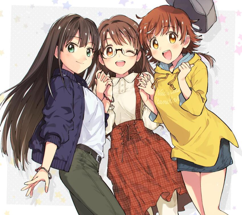 3girls :d ;d alternate_hairstyle belt bespectacled black-framed_eyewear black_belt blush border bracelet breasts brown_eyes brown_hair clenched_hand closed_mouth cowboy_shot dot_nose floating_hat frilled_shirt frills glasses green_eyes green_pants grey_background grey_headwear grey_skirt hands_up hat honda_mio hood hood_down hoodie idolmaster idolmaster_cinderella_girls idolmaster_cinderella_girls_starlight_stage interlocked_fingers jacket jewelry jnt long_hair long_sleeves looking_at_viewer medium_breasts miniskirt multiple_girls nanonin new_generations_(idolmaster) one_eye_closed open_clothes open_jacket open_mouth pants pantyhose print_hoodie purple_jacket red_skirt shibuya_rin shimamura_uzuki shirt short_hair skirt smile standing star_(symbol) star_symbol_background suspender_skirt suspenders teeth text_print upper_teeth_only white_border white_pantyhose white_shirt yellow_hoodie