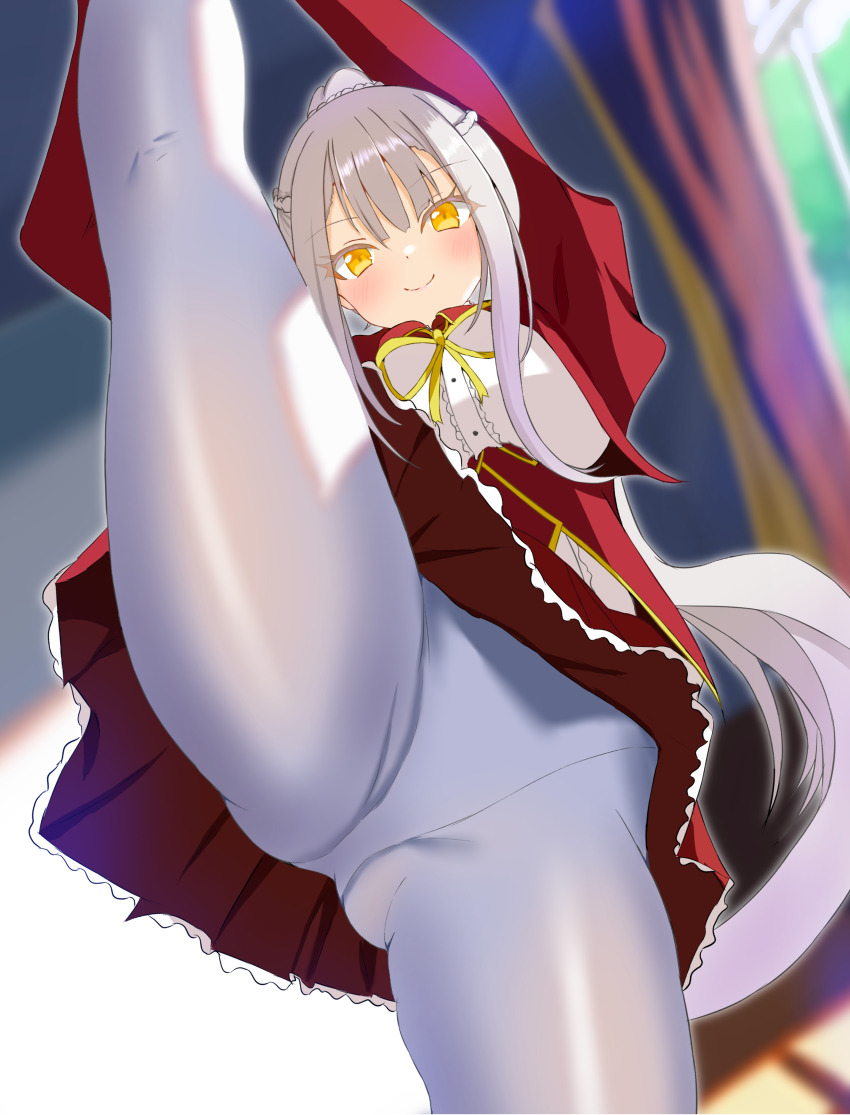 1girl 2024 absurdres animal_ears arms_up blunt_bangs blurry blurry_background blush braid c: center_frills clarice_clawnya closed_mouth colored_eyelashes commentary_request dated_commentary day foreshortening frilled_skirt frills from_below gluteal_fold grey_hair happy_live_show_up! highres indoors juliet_sleeves kneepits leg_lift long_hair long_sleeves looking_at_viewer looking_down miniskirt panties panties_under_pantyhose pantyhose pleated_skirt ponytail puffy_sleeves red_skirt ribbon sakuratoru shirt sidelocks skirt smile solo split split_mouth standing standing_on_one_leg standing_split thighs tsurime underwear very_long_hair white_panties white_pantyhose white_shirt window yellow_eyes yellow_ribbon