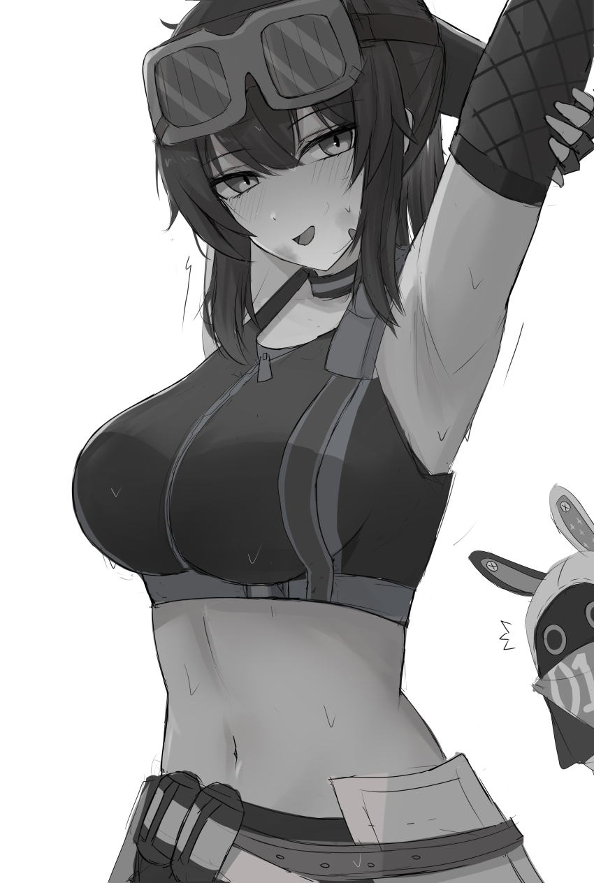 1girl :d absurdres armpits arms_up bangboo_(zenless_zone_zero) bare_shoulders breasts choker crop_top eous_(zenless_zone_zero) goggles goggles_on_head grace_howard greyscale highres long_hair looking_at_viewer midriff monochrome namikare navel open_mouth presenting_armpit simple_background smile solo sports_bra stomach upper_body white_background zenless_zone_zero