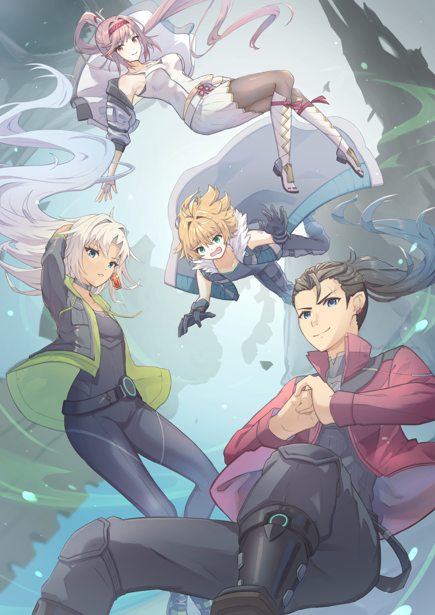 a_(xenoblade) absurdres bare_shoulders blue_eyes bodysuit breasts camisole chest_jewel core_crystal_(xenoblade) cosplay detached_sleeves eunie_(xenoblade) eunie_(xenoblade)_(cosplay) fingerless_gloves glimmer_(xenoblade) gloves great-grandaunt_and_great_grandnephew high_ponytail highres jacket lanz_(xenoblade) lanz_(xenoblade)_(cosplay) large_breasts long_hair looking_at_viewer matthew_(xenoblade) mio_(xenoblade) mio_(xenoblade)_(cosplay) nikol_(xenoblade) noah_(xenoblade) noah_(xenoblade)_(cosplay) ponytail red_hair red_jacket skirt smile swept_bangs tank_top white_camisole white_jacket white_skirt white_tank_top xenoblade_chronicles_(series) xenoblade_chronicles_3 xenoblade_chronicles_3:_future_redeemed yanagimachi
