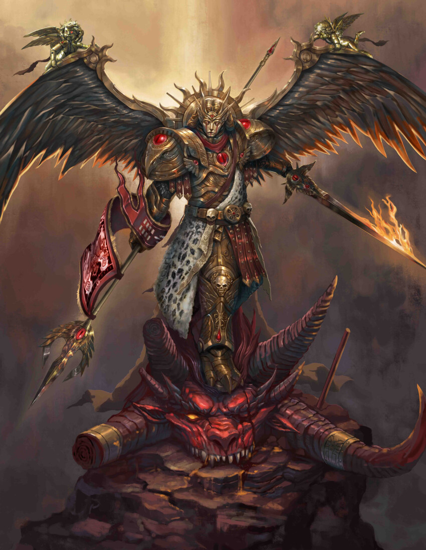 1boy absurdres angel_wings armor asymmetrical_dual_wielding banner blade_encarmine blonde_hair broken_horns chaos_(warhammer) cherub commentary demon demon_horns dual_wielding english_commentary eyes_of_horus_(warhammer_40k) fire flaming_sword flaming_weapon glowing glowing_eyes gold gold_armor halo highres holding holding_weapon horns kheljay leopard_pelt long_hair mask multiple_horns no_pupils one-eyed ornate ornate_armor ornate_weapon pauldrons pelt power_armor primarch red_eyes sanguinius sharp_teeth shoulder_armor spear_of_telesto sword teeth warhammer_40k weapon wings yellow_eyes
