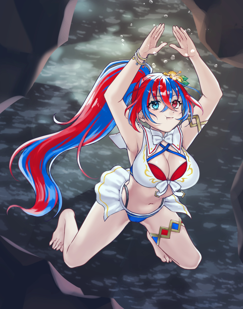 1girl absurdres air_bubble alear_(female)_(fire_emblem) alear_(female)_(seaside_dragon)_(fire_emblem) alear_(fire_emblem) bikini blue_bikini blue_eyes blue_hair breasts bubble cleavage criss-cross_halter crossed_bangs diving fire_emblem fire_emblem_engage fire_emblem_heroes freediving gold_armlet gold_thighlet halterneck hazuki_(nyorosuke) heterochromia highres holding_breath large_breasts large_variant_set long_hair multicolored_bikini multicolored_hair multicolored_swimsuit nintendo official_alternate_costume official_alternate_hairstyle ponytail red_bikini red_eyes red_hair showgirl_skirt solo split-color_hair submerged swimming swimsuit two-tone_hair underwater variant_set very_long_hair white_bikini