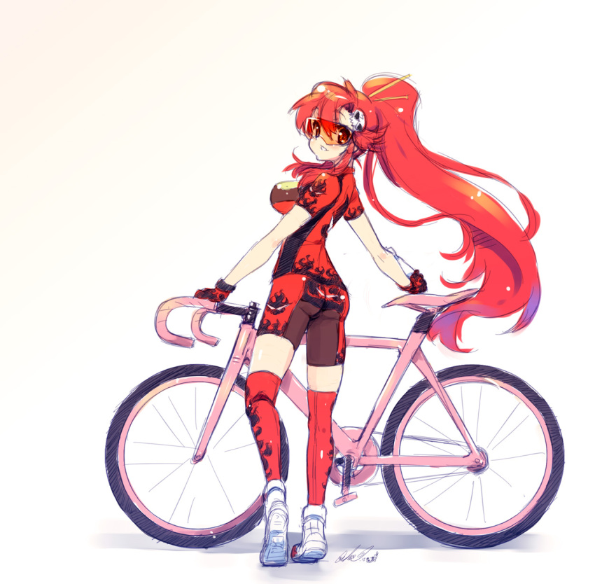 00s 1girl alternate_costume ass bicycle bike_shorts breasts female_focus gloves hair_ornament highres long_hair looking_back orange-tinted_eyewear orange-tinted_glasses pandaki_(aki) ponytail red_hair skull_hair_ornament smile solo sunglasses tengen_toppa_gurren_lagann thighhighs tinted_eyewear visor yoko_littner