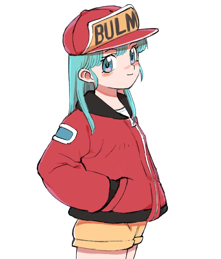 1girl baseball_cap blue_eyes blue_hair blush bulma closed_mouth clothes_writing dragon_ball dragon_ball_(classic) gan2 hands_in_pockets hat highres jacket long_hair long_sleeves red_hat red_jacket shorts simple_background smile solo standing white_background yellow_shorts