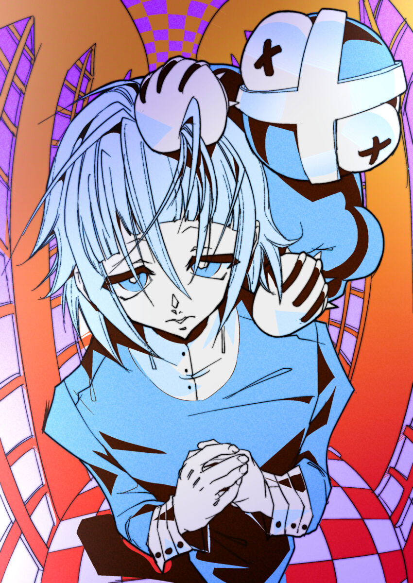 1boy architecture blue_dress blue_eyes blue_hair checkered_floor collar crona_(soul_eater) dress gothic_architecture grabbing_another&#039;s_hair highres male_focus medium_hair own_hands_together pointy_nose ragnarok_(demon_sword) soul_eater teeth trap user_zkvj8284 variant_set white_collar white_sleeve_cuffs