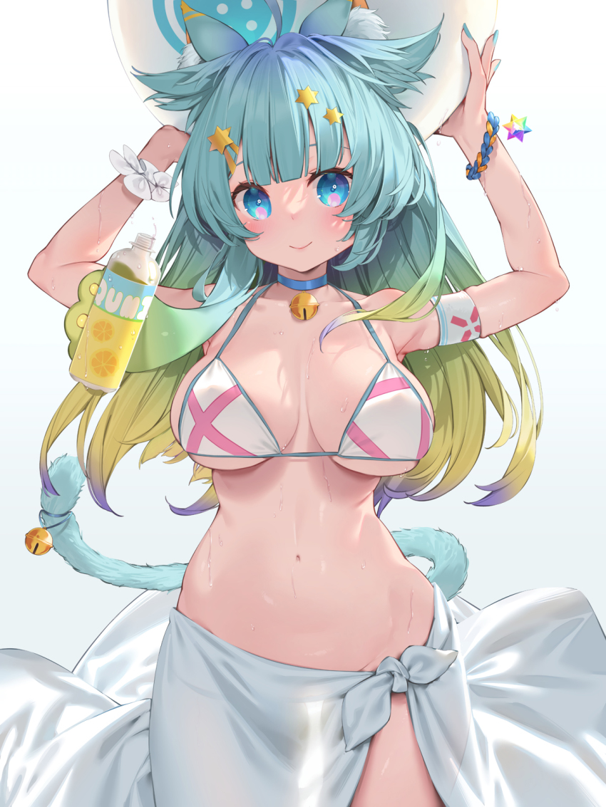 1girl animal_ears aqua_hair aqua_nails arms_up ball bikini blonde_hair blue_background blue_hair blunt_bangs bottle breasts cat_ears cat_tail closed_mouth gradient_background gradient_hair highres holding holding_ball indie_virtual_youtuber lanmewko large_breasts long_hair looking_at_viewer multicolored_hair nail_polish navel solo sweat swimsuit tail virtual_youtuber waterring