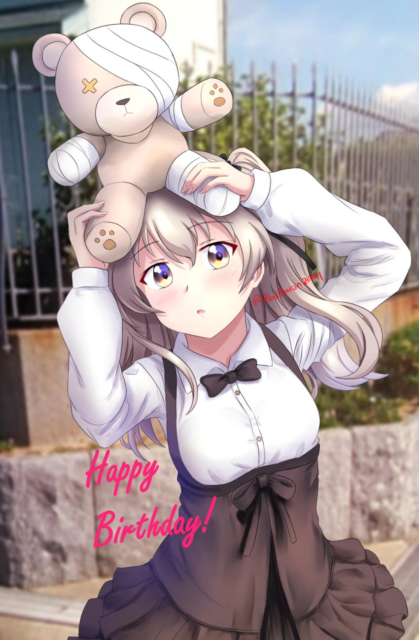 1girl birthday black_bow black_bowtie black_dress black_ribbon blue_sky blurry blurry_background boko_(girls_und_panzer) bow bowtie brown_eyes brown_hair cursive day depth_of_field dress dress_shirt english_text frilled_dress frills girls_und_panzer hair_ribbon happy_birthday highres long_hair long_sleeves looking_at_viewer medium_dress object_on_breast one_side_up open_mouth outdoors photo_background pinafore_dress redbaron ribbon shimada_arisu shirt sky sleeveless sleeveless_dress solo standing stuffed_animal stuffed_toy teddy_bear twitter_username white_shirt wing_collar