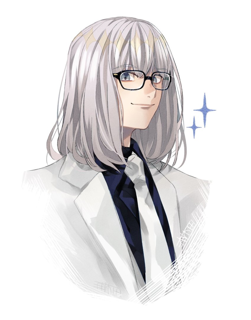 1boy alternate_costume black_shirt blue_eyes collared_shirt commentary_request fate/grand_order fate_(series) formal_clothes glasses highres jacket looking_at_viewer male_focus medium_hair necktie no_wings oberon_(fate) shirt simple_background smile solo sparkle u_5ham0 undefined upper_body white_background white_hair white_jacket white_necktie