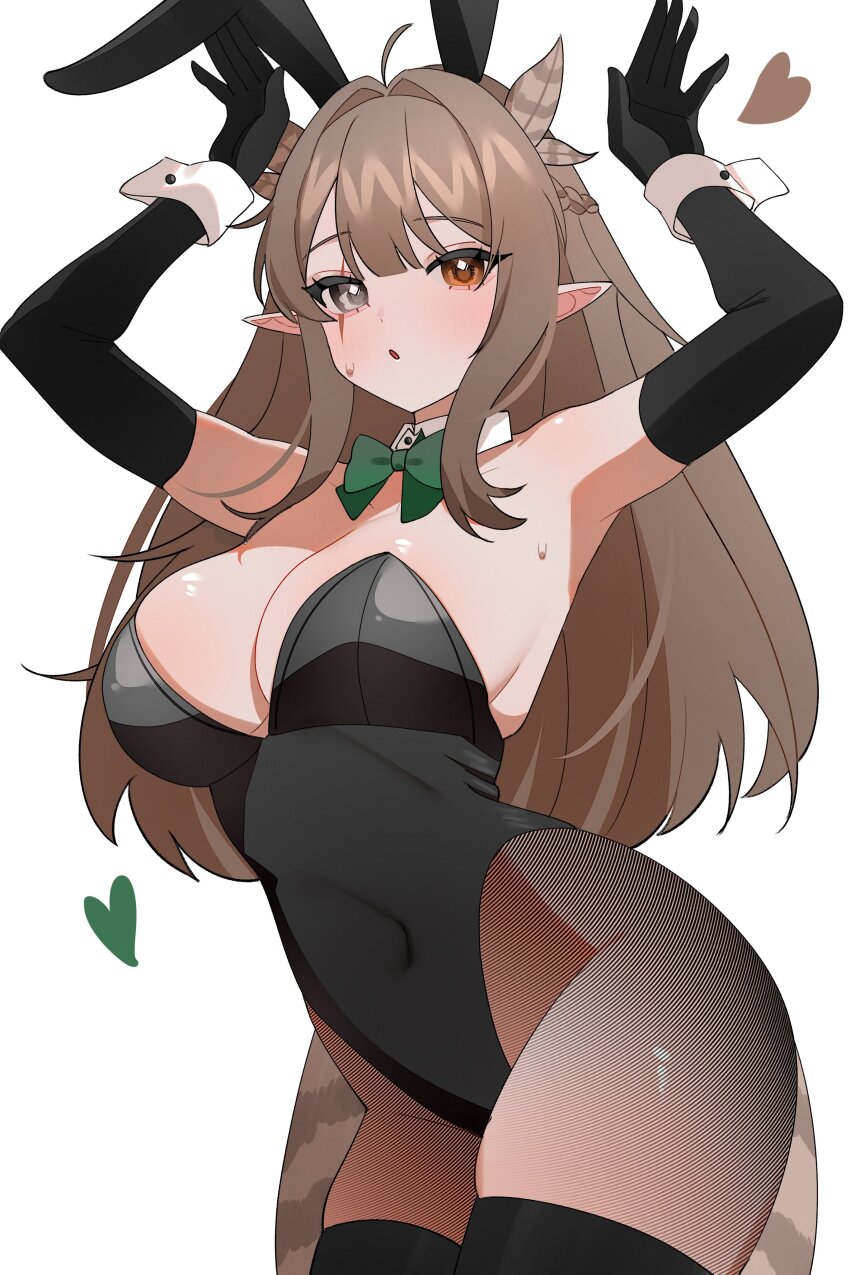 1girl :o absurdres alternate_costume animal_ears arms_up bare_shoulders bird_tail black_gloves black_leotard black_thighhighs bow bowtie braid breasts brown_eyes brown_hair cleavage cowboy_shot detached_collar double-parted_bangs elbow_gloves fake_animal_ears feather_hair_ornament feathers gloves green_bow green_bowtie grey_eyes hair_ornament half_up_braid hana20000920 heart heterochromia highres indie_virtual_youtuber kumi_(vtuber) large_breasts legs_together leotard light_blush long_hair looking_at_viewer parted_lips playboy_bunny pointy_ears rabbit rabbit_pose scar scar_across_eye scar_on_face second-party_source simple_background solo standing sweatdrop tail thighhighs very_long_hair white_background wing_collar