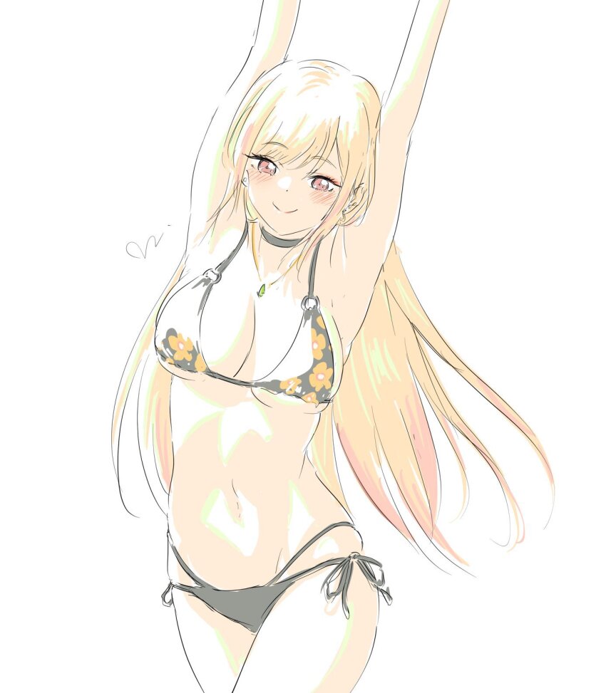 1girl armpits arms_up bikini black_bikini black_choker breasts choker closed_mouth floral_print_bikini gradient_hair highres jewelry kitagawa_marin large_breasts light_blush long_hair looking_at_viewer mitsugu multicolored_hair navel necklace pink_eyes pink_hair simple_background smile solo sono_bisque_doll_wa_koi_wo_suru swimsuit white_background