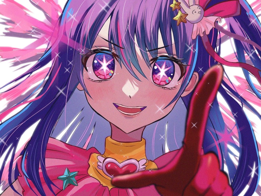 1girl blurry blurry_foreground commentary_request highres hoshino_ai ia34550364 index_finger_raised long_hair looking_at_viewer multicolored_hair oshi_no_ko pink_hair purple_eyes purple_hair smile solo sparkle star-shaped_pupils star_(symbol) streaked_hair symbol-shaped_pupils teeth two-tone_hair