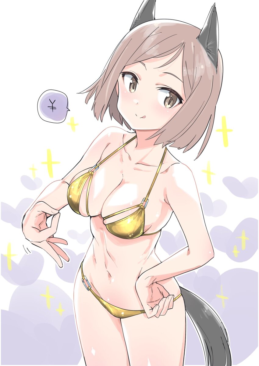 1girl animal_ears aohashi_ame bikini brown_eyes brown_hair dog_ears dog_girl dog_tail gold_bikini heart highres kuroda_kunika looking_at_viewer noble_witches short_hair simple_background solo standing swimsuit tail tongue tongue_out white_background world_witches_series yen_sign