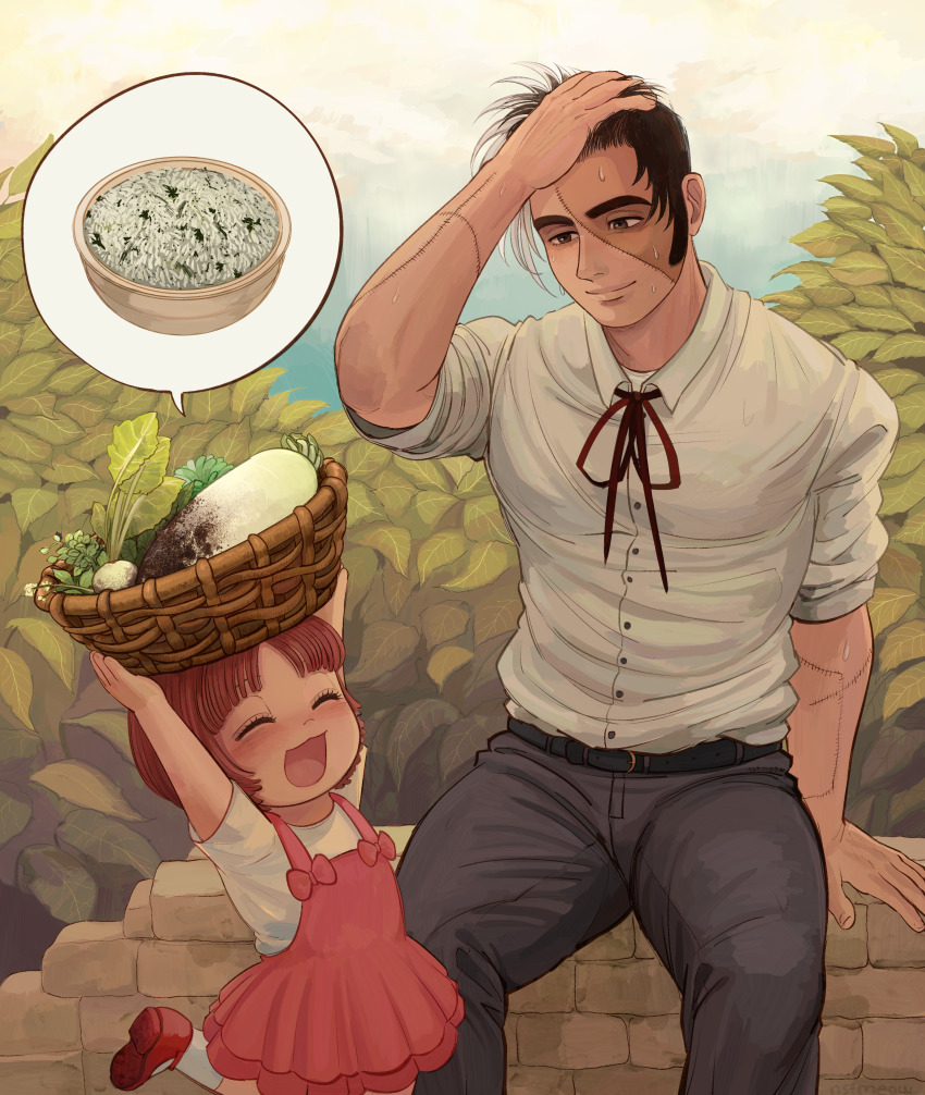 1boy 1girl absurdres black_hair black_jack_(character) black_jack_(series) bow child closed_mouth collared_shirt dress highres hinako280 holding multicolored_hair muscular muscular_male nsfmeows open_mouth painterly patchwork_skin pinafore_dress pinoko red_hair ribbon scar scar_on_face shirt shoes short_hair sideburns sleeveless sleeveless_dress smile stitched_face stitches sweat two-tone_hair white_hair white_shirt