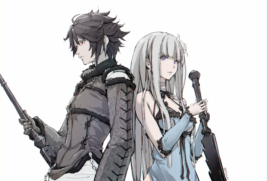 2girls akaba_yukino bandaged_arm bandaged_neck bandages black_bow black_hair blue_dress blue_sleeves blunt_bangs bow breasts chain cleavage closed_mouth clothing_cutout commentary_request cosplay cross-laced_clothes cross-laced_sleeves detached_sleeves dress flower frilled_dress frilled_sleeves frills from_side fur-trimmed_collar fur-trimmed_sleeves fur_trim gems_company gloves grey_hair hair_flower hair_ornament hair_over_shoulder hase_mikoto highres holding holding_sword holding_weapon jacket kaine_(nier) kaine_(nier)_(cosplay) kazuhi light_blush long_hair long_sleeves looking_ahead medium_breasts multiple_girls nier nier_(brother) nier_(brother)_(cosplay) nier_(brother)_(post_timeskip) nier_(series) purple_eyes red_eyes short_hair shoulder_cutout sidelocks simple_background single_bare_shoulder sleeveless sleeveless_dress sword thick_eyelashes twitter_username underboob_cutout upper_body very_long_hair virtual_youtuber weapon white_background white_flower