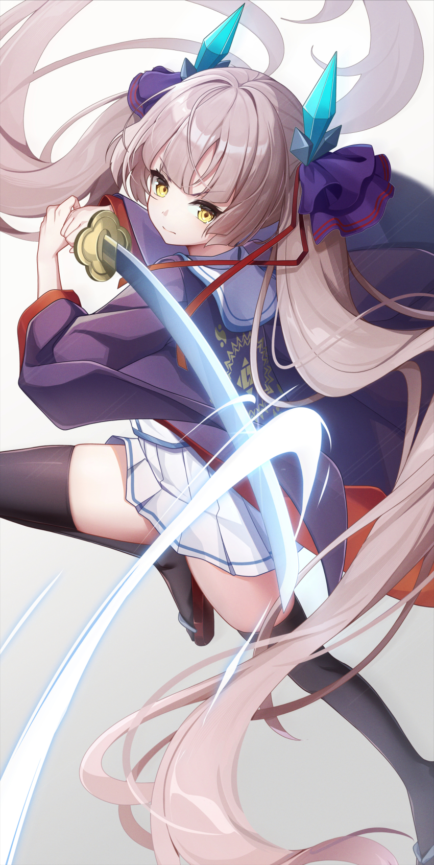 1girl absurdres black_robe blunt_bangs heaven_burns_red highres horns koki_(latte1023) long_hair long_sleeves neck_ribbon ogasawara_hisame ribbon robe shirt solo sword twintails weapon white_hair white_shirt yellow_eyes
